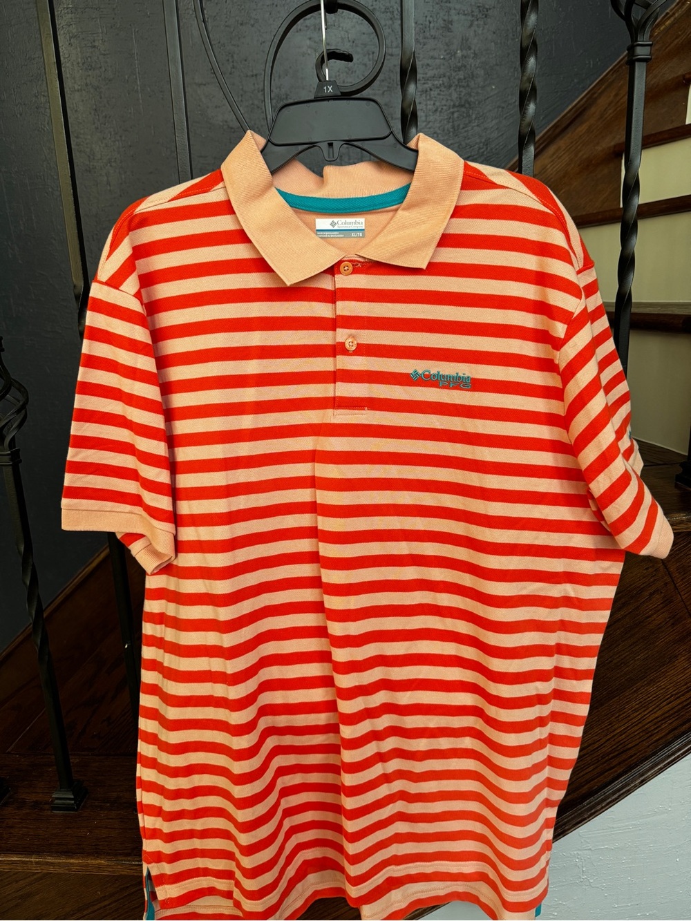 XL Columbia Peach and Orange Striped Polo Shirt